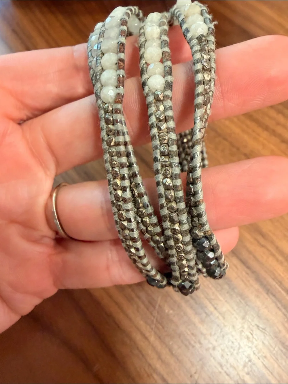 Chan Luu Wrap Bracelet Silver Tone and White Faceted Beads Gray and Brown